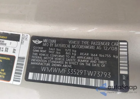 2009 Mini Cooper from USA, damaged, VIN WMWMF33529TW73793